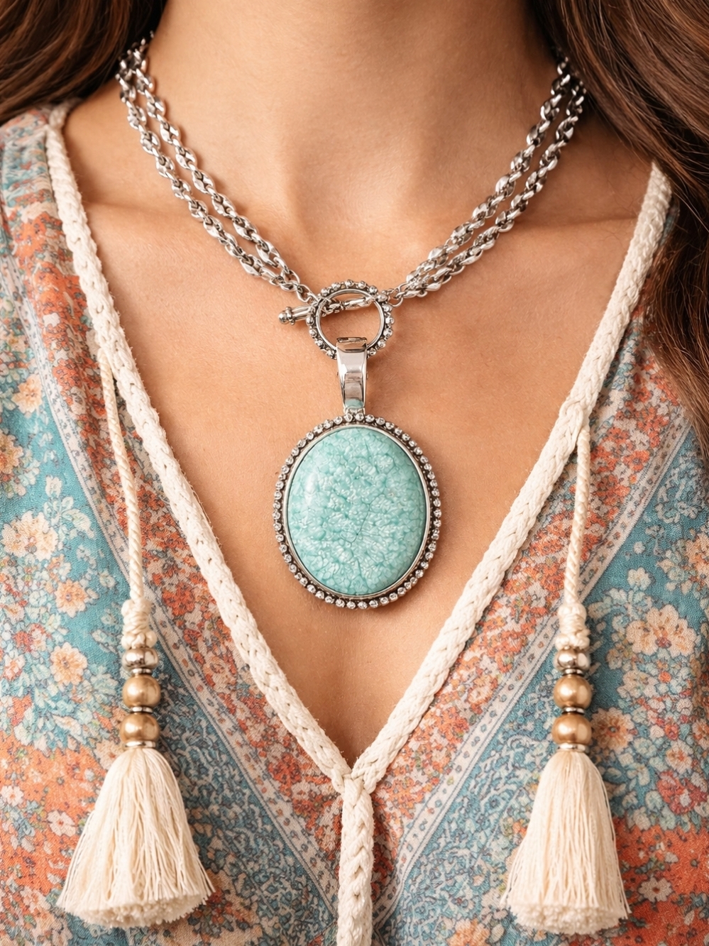Silver Chain Necklace with Turquoise Oval Pendant